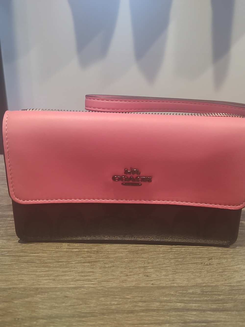 Coach Foldover Wristlet - Pink and Canvas Brown